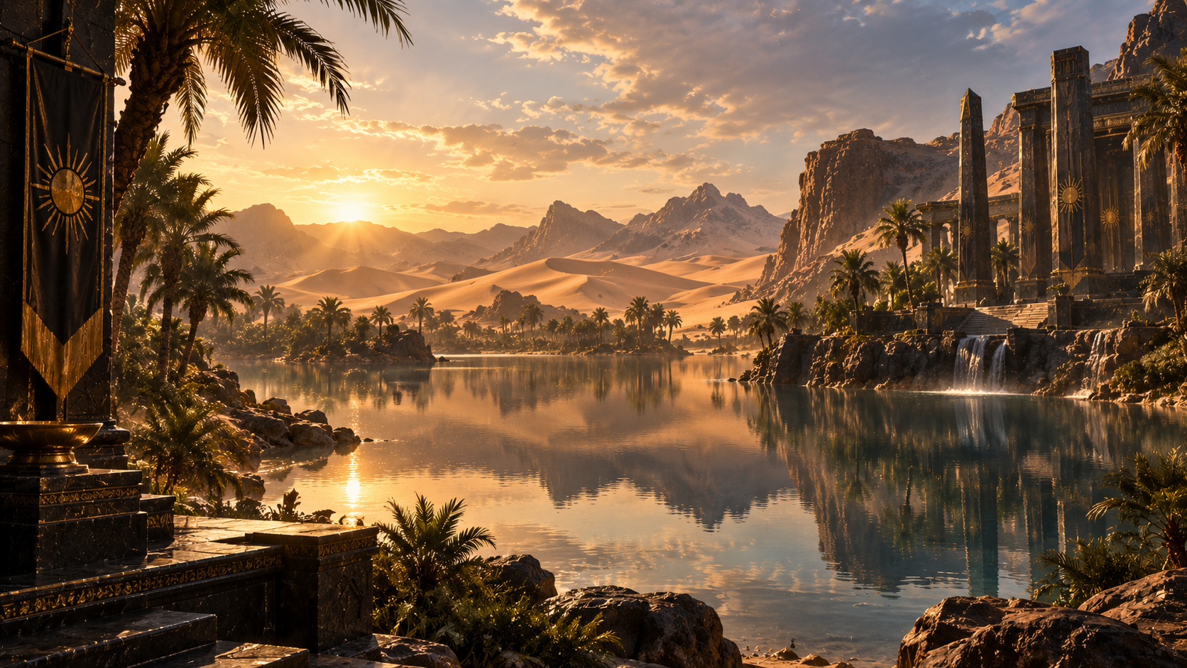 The Lake of Whispering Sands: a still desert oasis ringed by palms and dunes, with waterfalls spilling from distant red mountains.