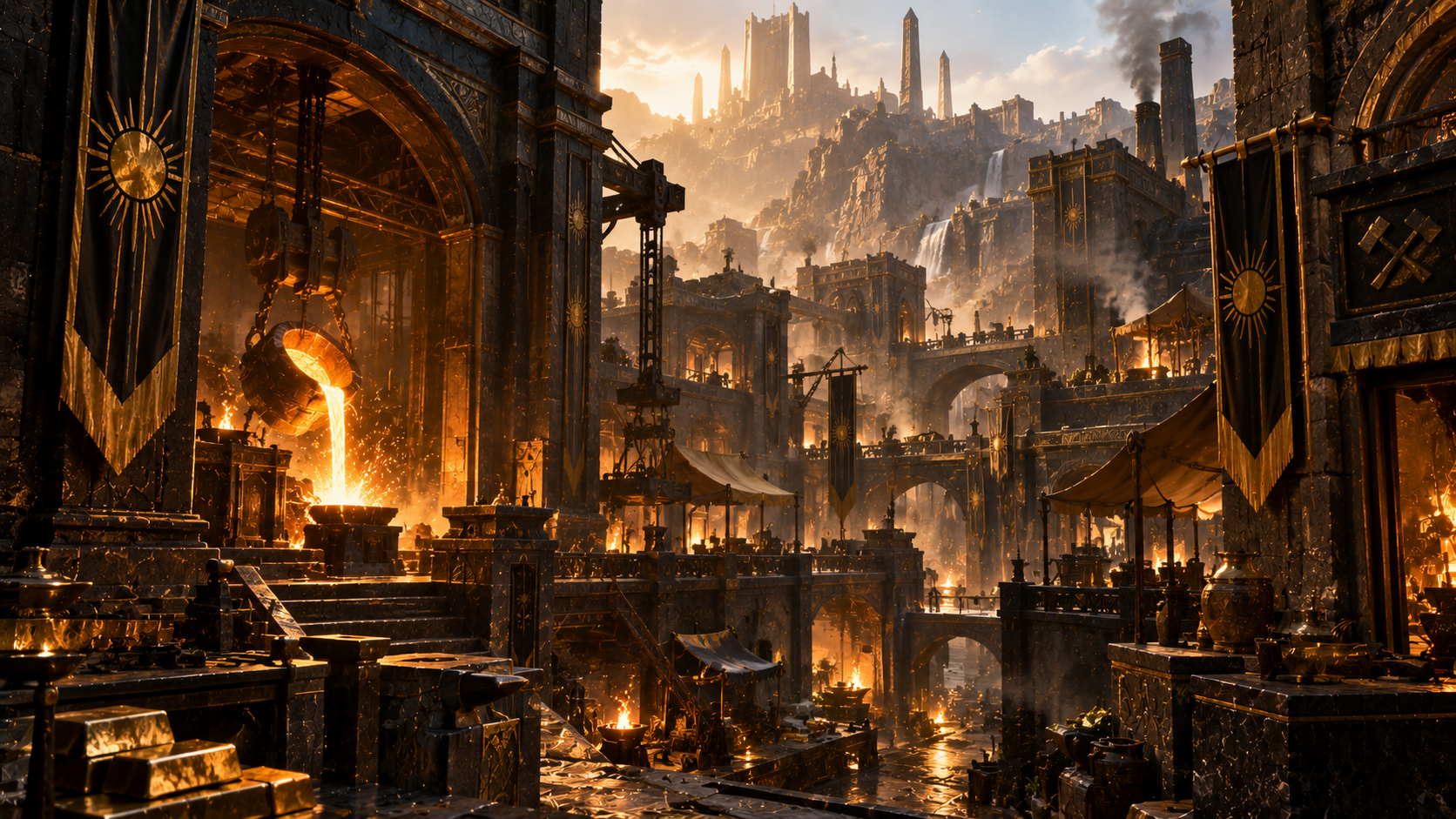 The Goldsmith District: a black-and-gold forge quarter of Kushmar, molten metal glowing between carved workshop walls.